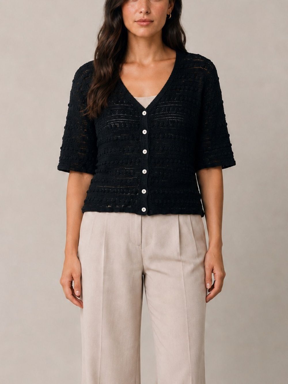 Northern Isles Black Ramie Cotton Crochet Cardigan Sweater Size L Vintage